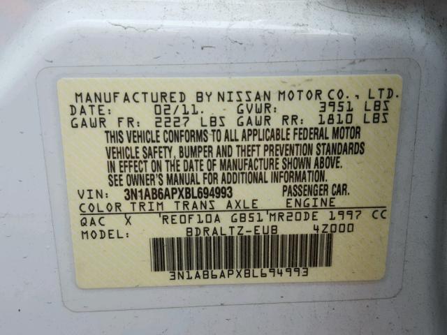 3N1AB6APXBL694993 - 2011 NISSAN SENTRA 2.0 WHITE photo 10