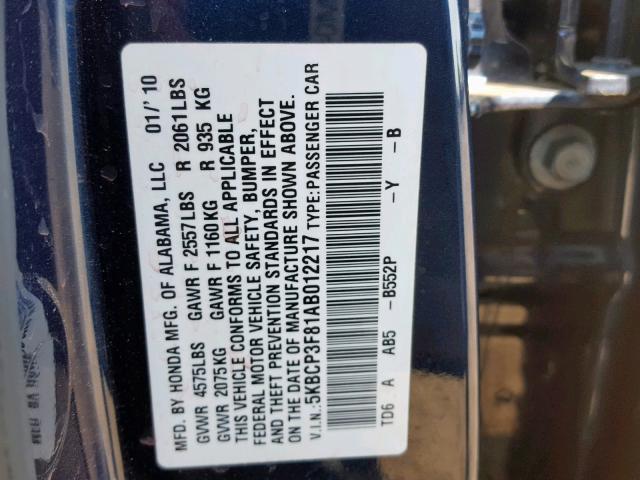 5KBCP3F81AB012217 - 2010 HONDA ACCORD EXL BLUE photo 10