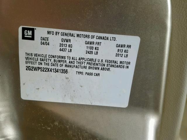 2G2WP522X41341356 - 2004 PONTIAC GRAND PRIX GOLD photo 10