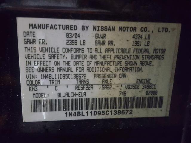 1N4BL11D95C138672 - 2005 NISSAN ALTIMA SE BLACK photo 10