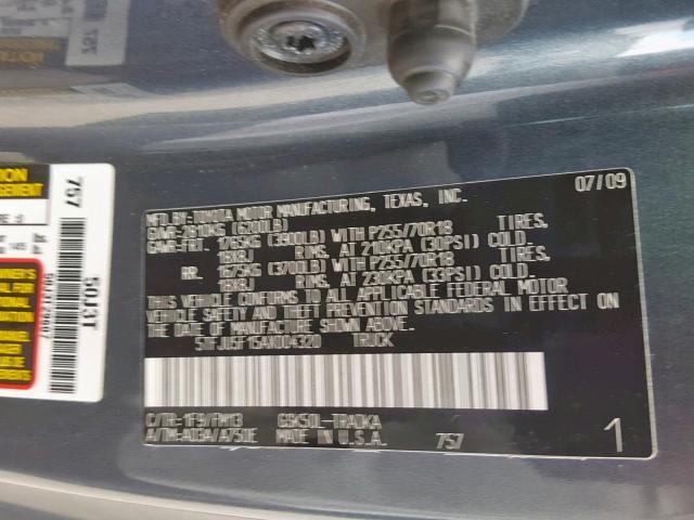 5TFJU5F15AX004320 - 2010 TOYOTA TUNDRA GRAY photo 10