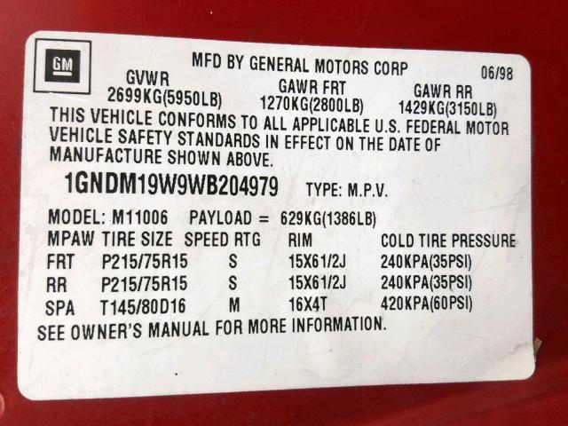 1GNDM19W9WB204979 - 1998 CHEVROLET ASTRO RED photo 10