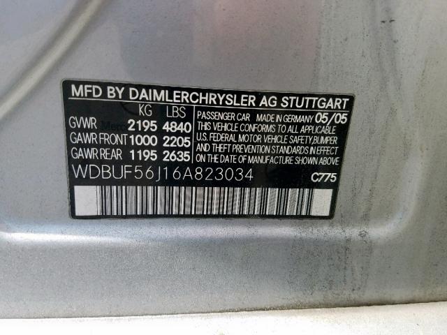 WDBUF56J16A823034 - 2006 MERCEDES-BENZ E 350 SILVER photo 10