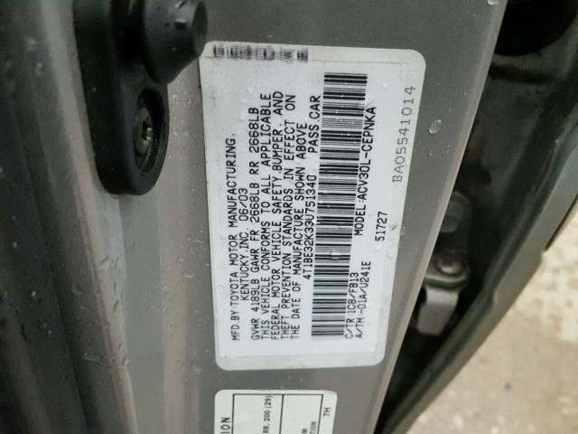 4T1BE32K33U751340 - 2003 TOYOTA CAMRY LE ვერცხლისფერი ფოტო 10