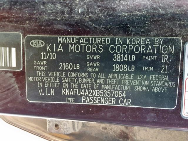 KNAFU4A2XB5357064 - 2011 KIA FORTE EX BURGUNDY photo 10