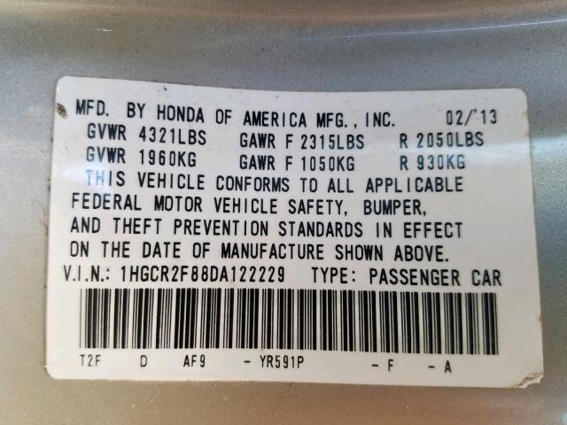 1HGCR2F88DA122229 - 2013 HONDA ACCORD EXL GOLD photo 10