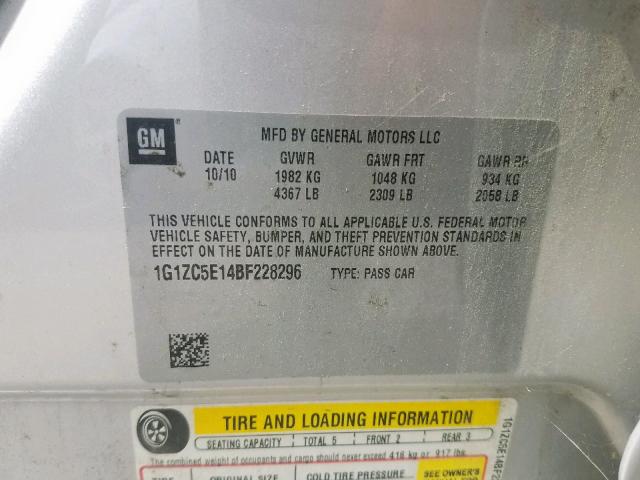 1G1ZC5E14BF228296 - 2011 CHEVROLET MALIBU 1LT SILVER photo 10