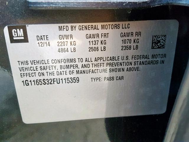 1G1165S32FU115359 - 2015 CHEVROLET IMPALA LTZ GRAY photo 10