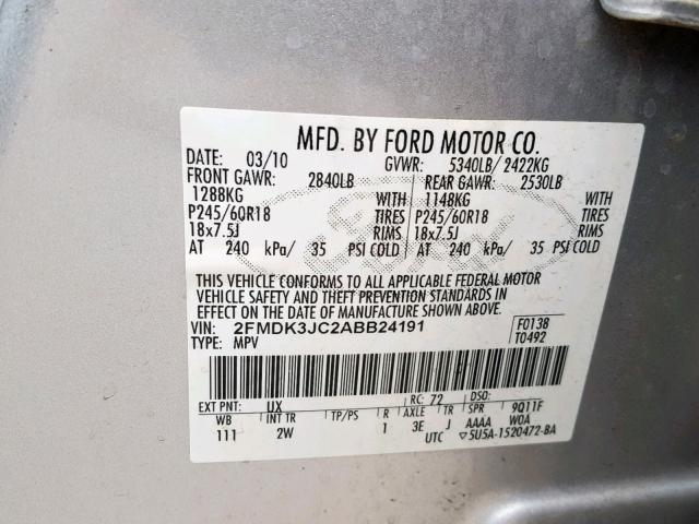 2FMDK3JC2ABB24191 - 2010 FORD EDGE SEL SILVER photo 10