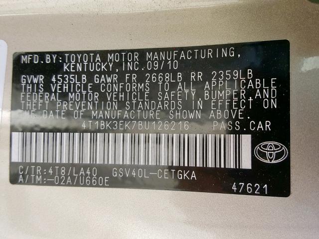 4T1BK3EK7BU126216 - 2011 TOYOTA CAMRY SE GOLD photo 10