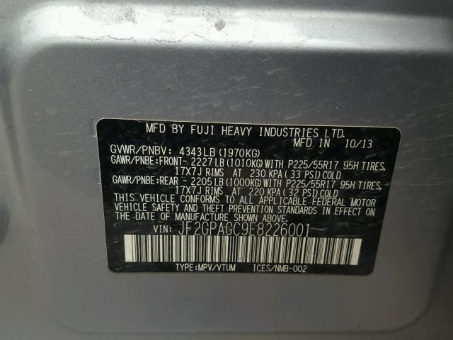 JF2GPAGC9E8226001 - 2014 SUBARU XV CROSSTR GRAY photo 10