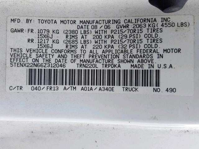 5TENX22N66Z312046 - 2006 TOYOTA TACOMA WHITE photo 10