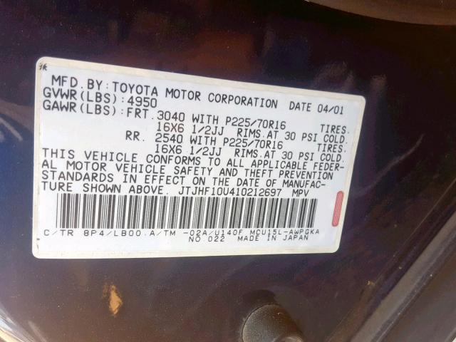 JTJHF10U410212697 - 2001 LEXUS RX 300 BLUE photo 10