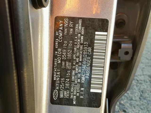 KMHCT5AE6GU285913 - 2016 HYUNDAI ACCENT SE GRAY photo 10