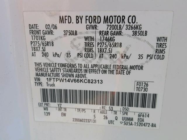 1FTPW14V66KC82313 - 2006 FORD F150 SUPER WHITE photo 10