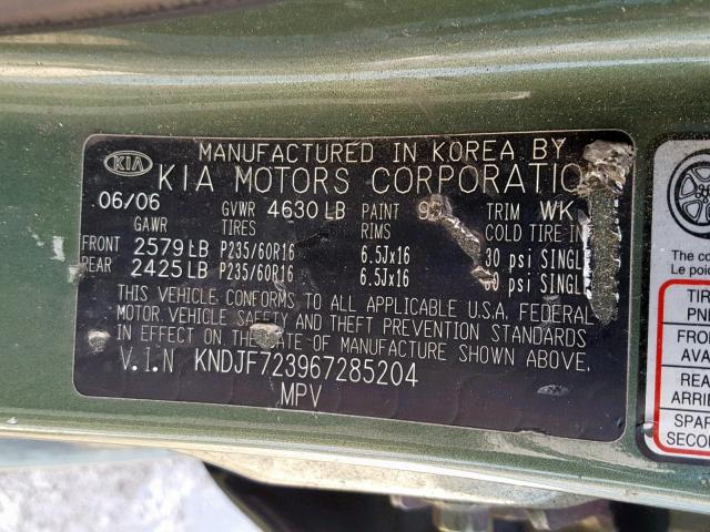 KNDJF723967285204 - 2006 KIA NEW SPORTA GREEN photo 10