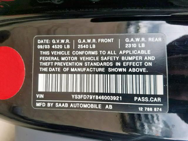 YS3FD79Y846003921 - 2004 SAAB 9-3 ARC BLACK photo 10