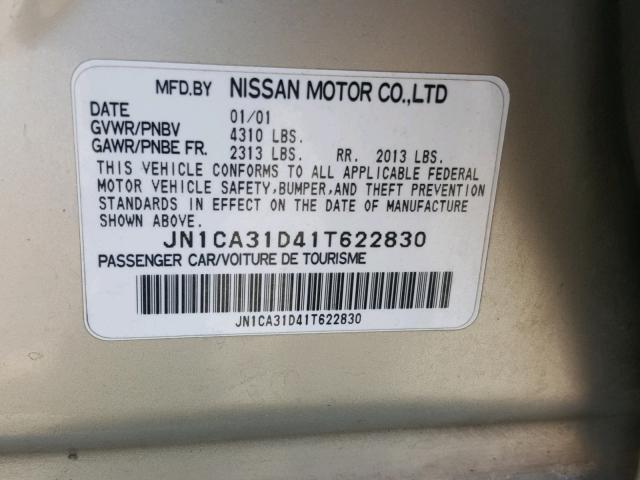 JN1CA31D41T622830 - 2001 NISSAN MAXIMA GXE TAN photo 10