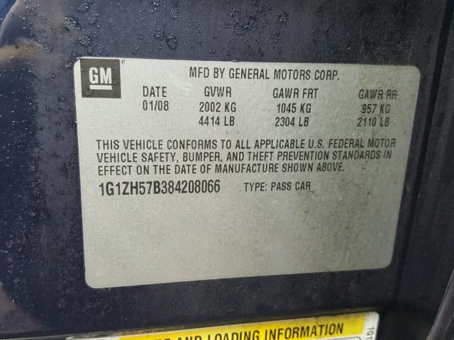 1G1ZH57B384208066 - 2008 CHEVROLET MALIBU 1LT BLUE photo 10