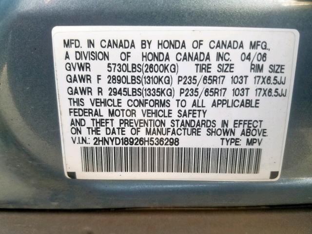 2HNYD18926H536298 - 2006 ACURA MDX TOURIN BLUE photo 10