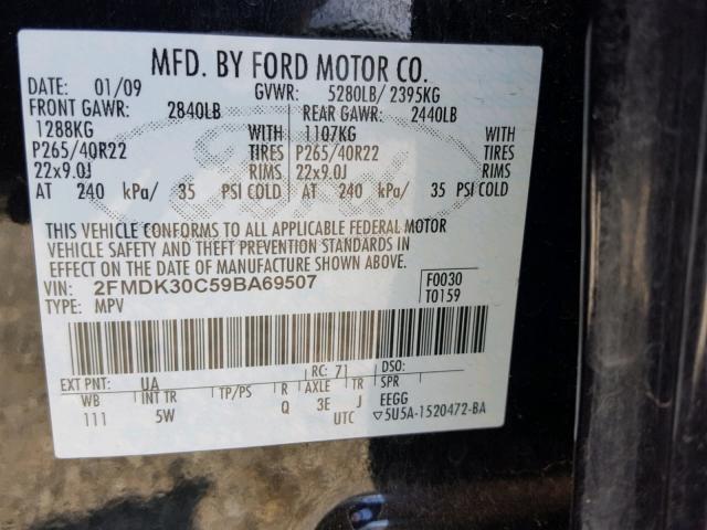 2FMDK30C59BA69507 - 2009 FORD EDGE SPORT BLACK photo 10