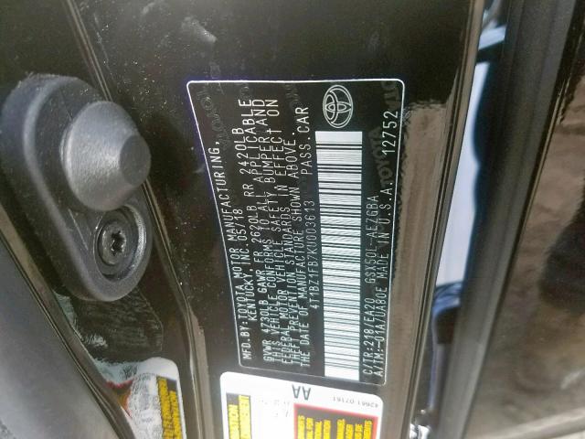 4T1BZ1FB7KU003613 - 2019 TOYOTA AVALON XLE BLACK photo 10