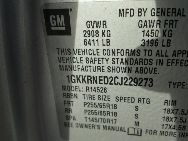 1GKKRNED2CJ229273 - 2012 GMC ACADIA SLE SILVER photo 10