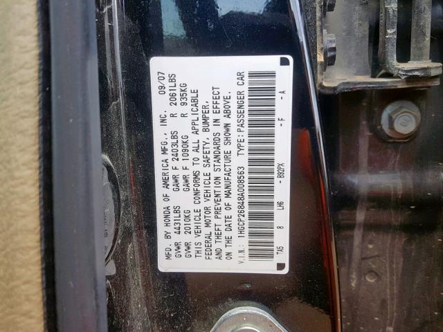 1HGCP26848A008563 - 2008 HONDA ACCORD EXL BLACK photo 10