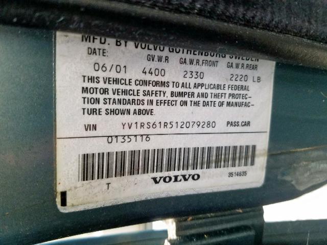 YV1RS61R512079280 - 2001 VOLVO S60 BLUE photo 10