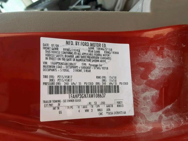 1FAHP3GN7AW108637 - 2010 FORD FOCUS SES RED photo 10