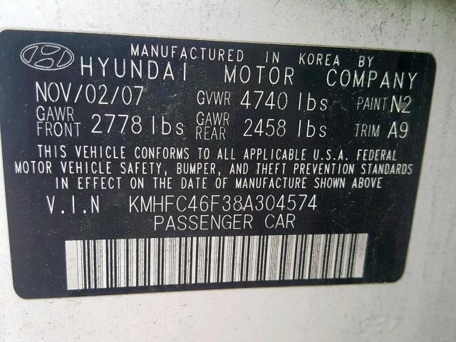 KMHFC46F38A304574 - 2008 HYUNDAI AZERA SE WHITE photo 10