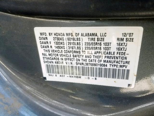 5FNRL38768B019084 - 2008 HONDA ODYSSEY EX GRAY photo 10