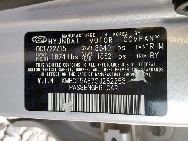 KMHCT5AE7GU262253 - 2016 HYUNDAI ACCENT SE SILVER photo 10