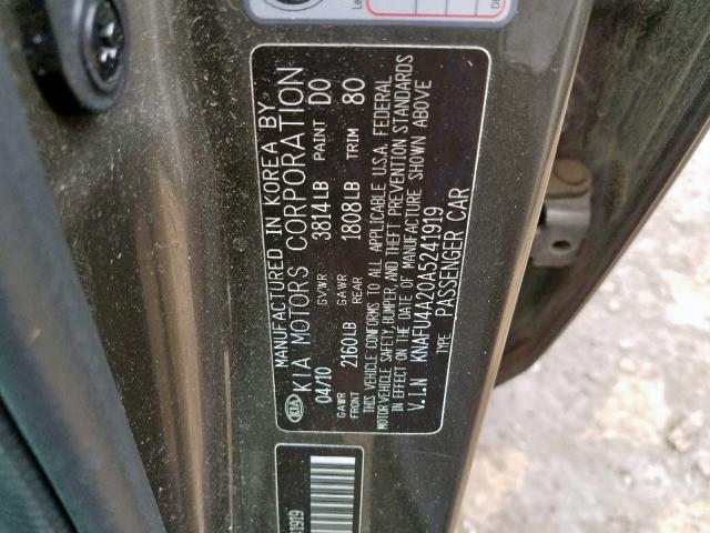 KNAFU4A20A5241919 - 2010 KIA FORTE EX GRAY photo 10