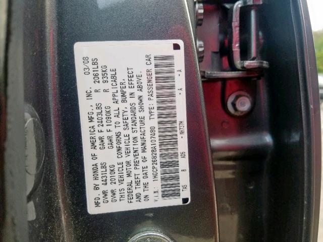 1HGCP26828A107480 - 2008 HONDA ACCORD EXL GRAY photo 10