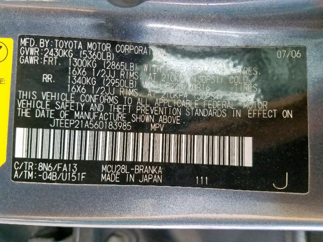 JTEEP21A560183985 - 2006 TOYOTA HIGHLANDER BLUE photo 10