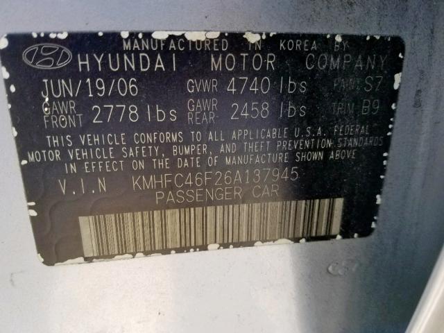 KMHFC46F26A137945 - 2006 HYUNDAI AZERA SE SILVER photo 10