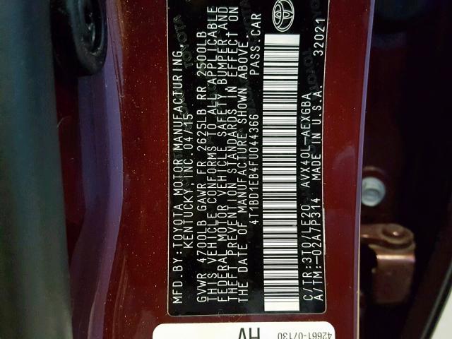 4T1BD1EB4FU044366 - 2015 TOYOTA AVALON HYB BURGUNDY photo 10