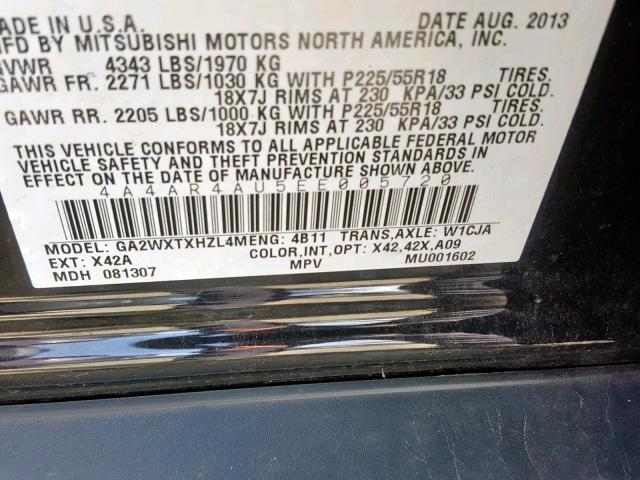 4A4AR4AU5EE005720 - 2014 MITSUBISHI OUTLANDER BLACK photo 10