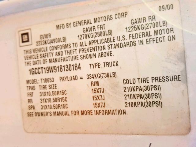 1GCCT19W918130184 - 2001 CHEVROLET S-10 PU WHITE photo 10