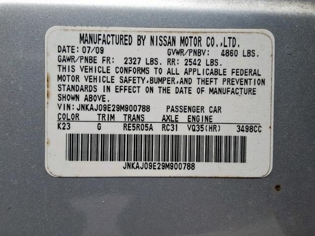 JNKAJ09E29M900788 - 2009 INFINITI EX35 BASE SILVER photo 10
