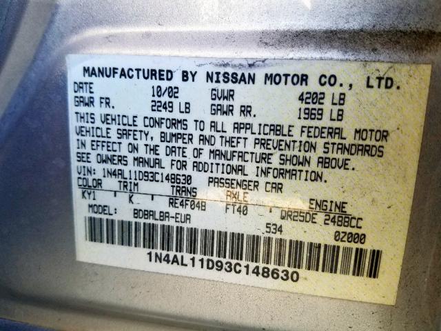 1N4AL11D93C148630 - 2003 NISSAN ALTIMA BAS SILVER photo 10