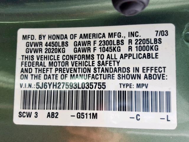 5J6YH27593L035755 - 2003 HONDA ELEMENT EX GREEN photo 10