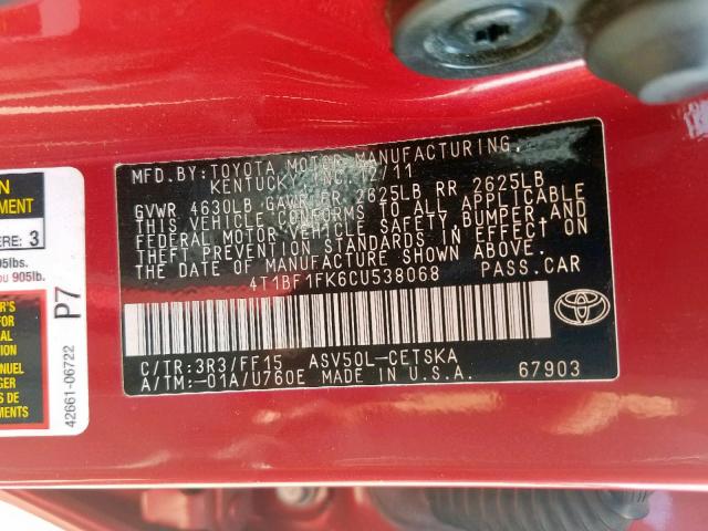 4T1BF1FK6CU538068 - 2012 TOYOTA CAMRY BASE RED photo 10