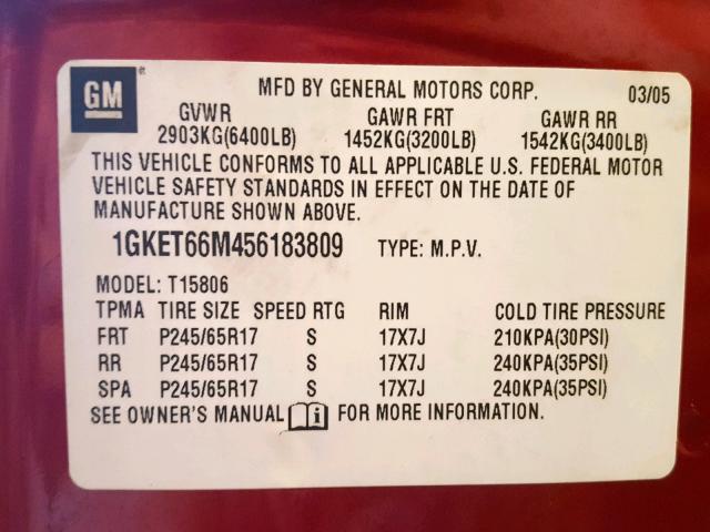 1GKET66M456183809 - 2005 GMC ENVOY DENA RED photo 10