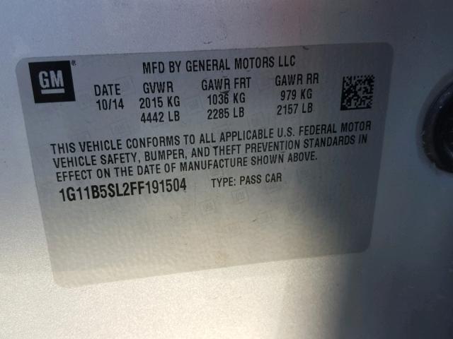 1G11B5SL2FF191504 - 2015 CHEVROLET MALIBU LS ვერცხლისფერი ფოტო 10