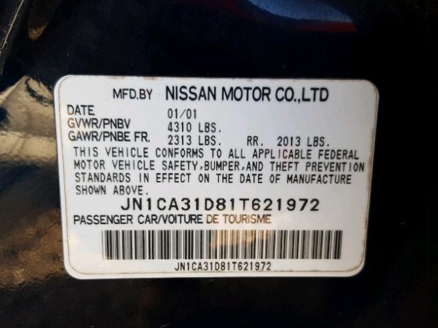 JN1CA31D81T621972 - 2001 NISSAN MAXIMA GXE BLUE photo 10