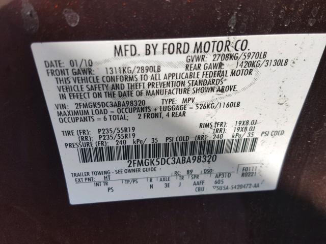 2FMGK5DC3ABA98320 - 2010 FORD FLEX LIMIT BURN photo 10