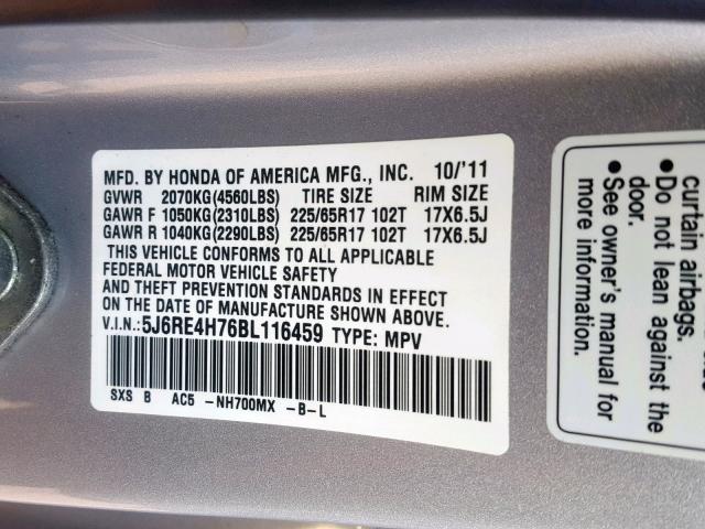 5J6RE4H76BL116459 - 2011 HONDA CR-V EXL SILVER photo 10