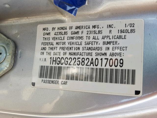 1HGCG22582A017009 - 2002 HONDA ACCORD EX SILVER photo 10